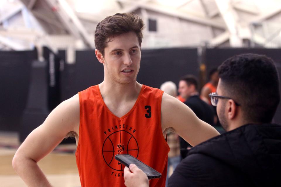 Princeton University Guard Ryan Langborg speaks with the media gathered at the University's Jadwin Gym Monday afternoon, March 20, 2023.  The team were preparing for their NCAA Sweet 16 appearance.