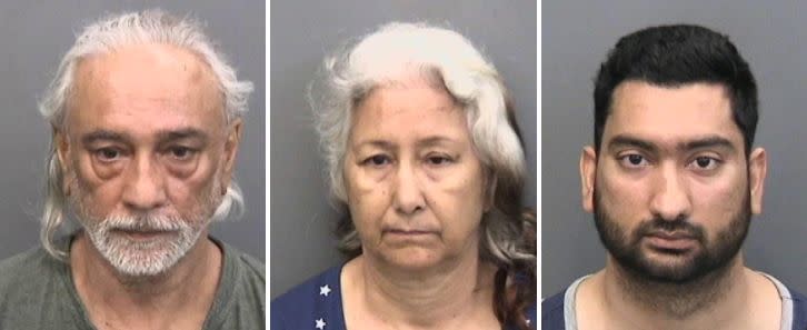 Jasbir, Bhupinder and Devbir Kalsi&nbsp;(left to right) were arrested Saturday on charges of&nbsp;beating and holding Devbir's wife&nbsp;captive. (Photo: hcso.fl.gov)