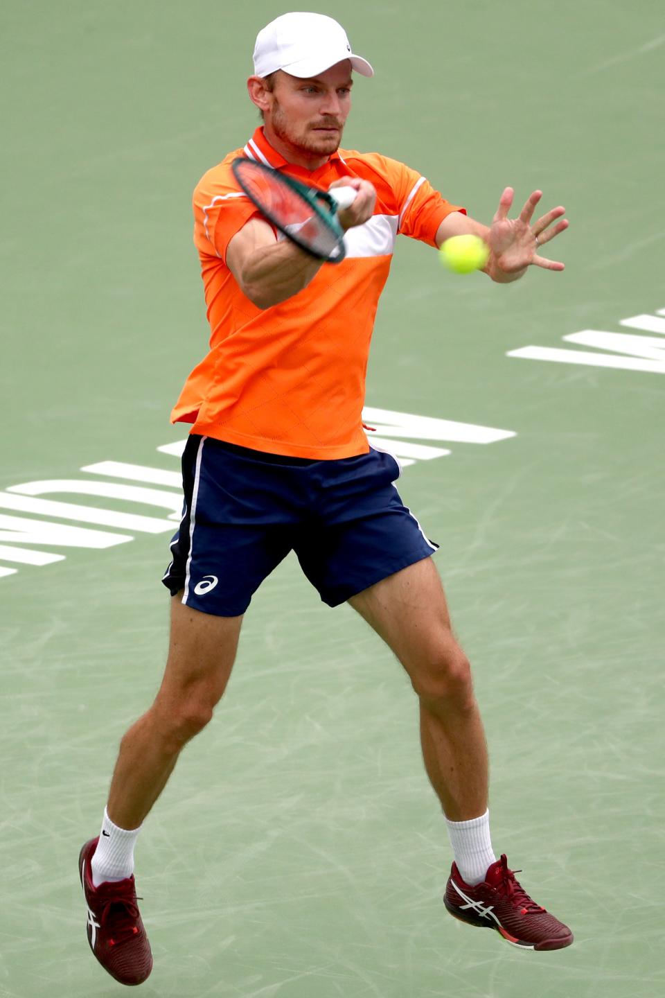 David Goffin returns to Andy Murray during round one of the BNP Paribas Open in Indian Wells, Calif., on Wednesday, March 6, 2024. Murray won.