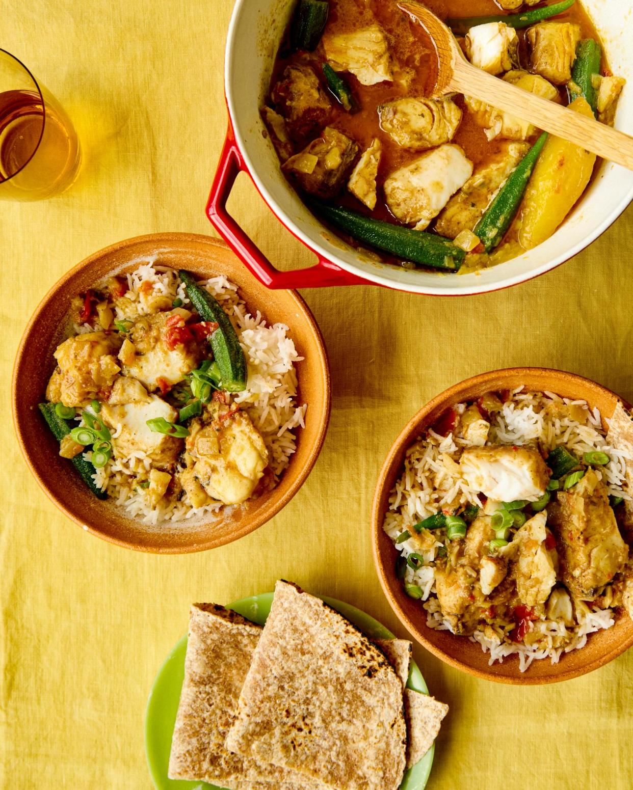 <span>Good friends: Riaz Phillips’ Caribbean fish, mango and okra curry.</span><span>Photograph: Kim Lightbody/The Guardian. Food styling: Sophie Mackinnon. Prop styling: Louie Waller. Food styling assistant: Sadie Albuquerque.</span>