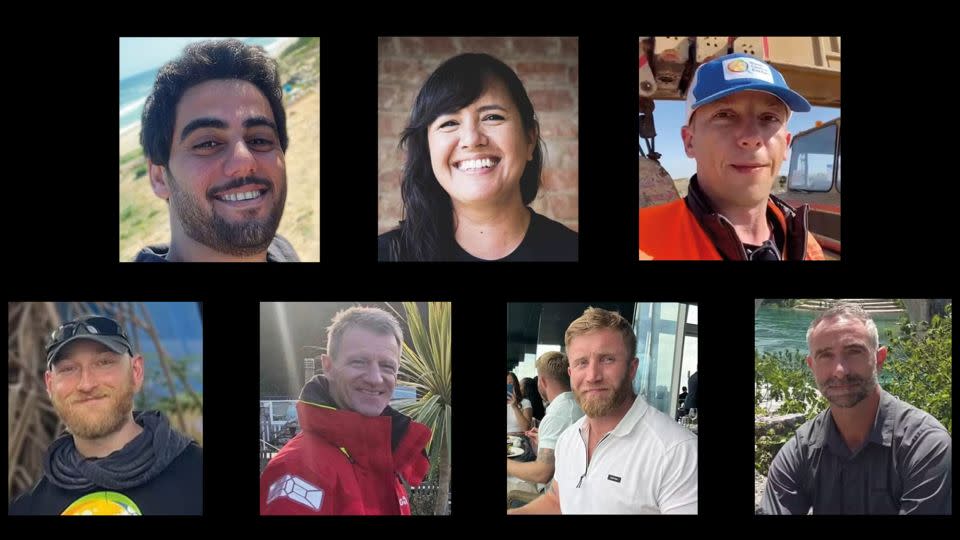 WCK named the workers killed as (from top left) Saifeddin Issam Ayad Abutaha, Laizawmi "Zomi" Frankcom, Damian Soból, Jacob Flinkinger, John Chapman, James "Jim" Henderson and James Kirby. - From World Central Kitchen