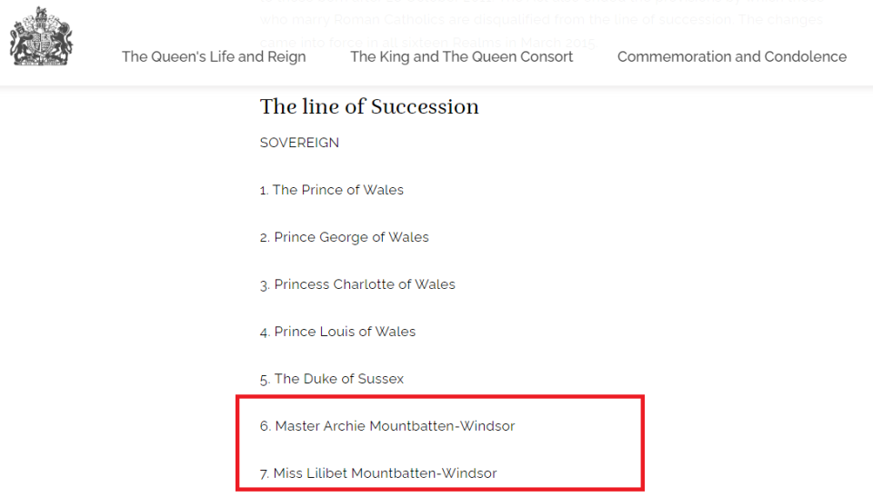 英國王室官網上的繼承順位，可見喬治、夏綠蒂、路易都已更新為「威爾斯」稱號，但繼承順位第6與第7的亞契和莉莉貝仍被稱為「少爺」（Master）與「小姐」（Miss）稱呼。（翻攝royal.uk網站）
