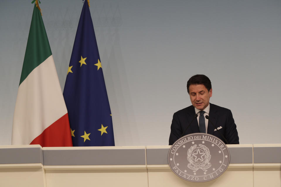 Italian premier Giuseppe Conte gives a press conference at Chigi Palace in Rome Thursday evening, Aug. 8, 2019. Italy faced a government crisis Thursday as Interior Minister Matteo Salvini of the right-wing League party called for a new election, saying his party's coalition with the populist 5-Star Movement had collapsed over policy differences. (AP Photo/Alberto Pellaschiar)