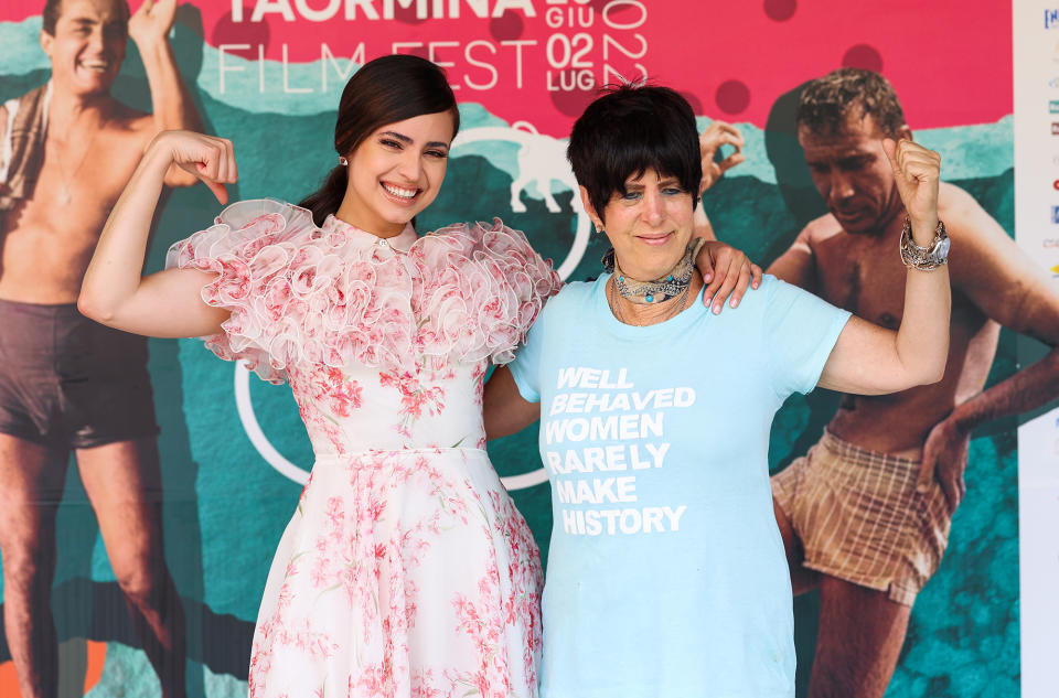 <p>Sofia Carson and Diane Warren show their strength on June 29 at the Taormina Film Fest in Italy.</p>