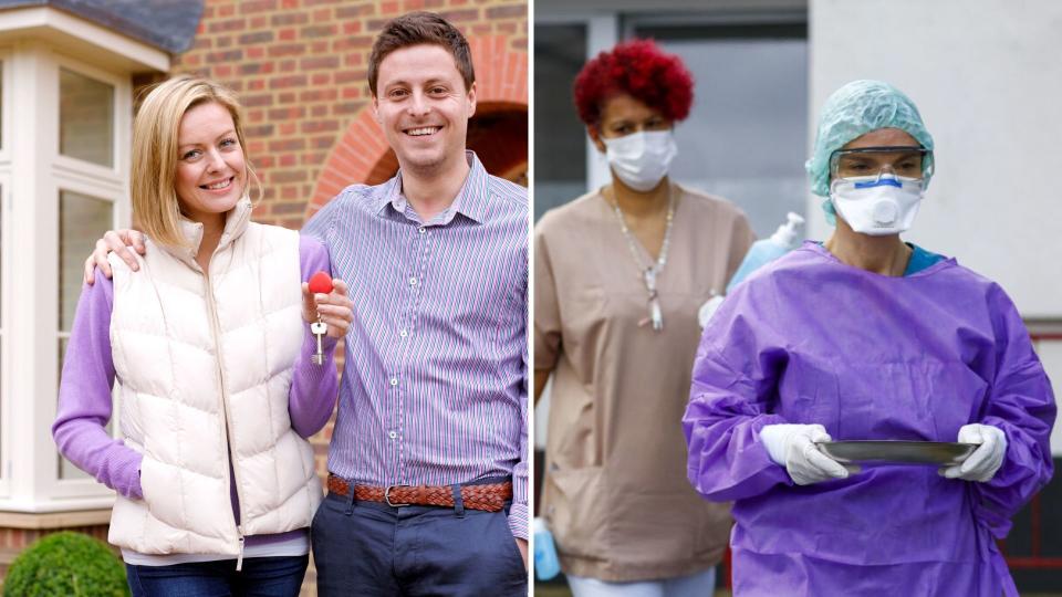 A happy couple holding a house key on the right, and medical workers with masks on on the right.