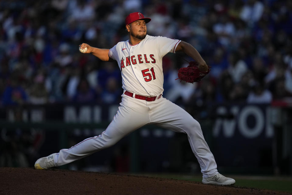 Los Angeles Angels starting pitcher Jaime Barria (51) throws during the second inning of a baseball game against the Chicago Cubs in Anaheim, Calif., Wednesday, June 7, 2023. (AP Photo/Ashley Landis)