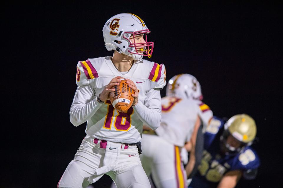 Gibson Southern High School senior Brady Allen (18) drops back to pass during the first half of an IHSAA class 3A semi-state football game against Tri-West High School, Saturday, Nov. 20, 2021, at Tri-West Hendricks High School.