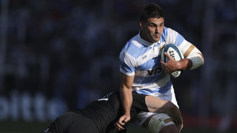 Argentina's Los Pumas Pablo Mantera is tackled by New Zealand's All Blacks Jordie Barrett, during a rugby championship match at Malvinas Argentinas stadium in Mendoza, Argentina, Saturday, July 8, 2023. (AP Photo/Nicolas Aguilera)