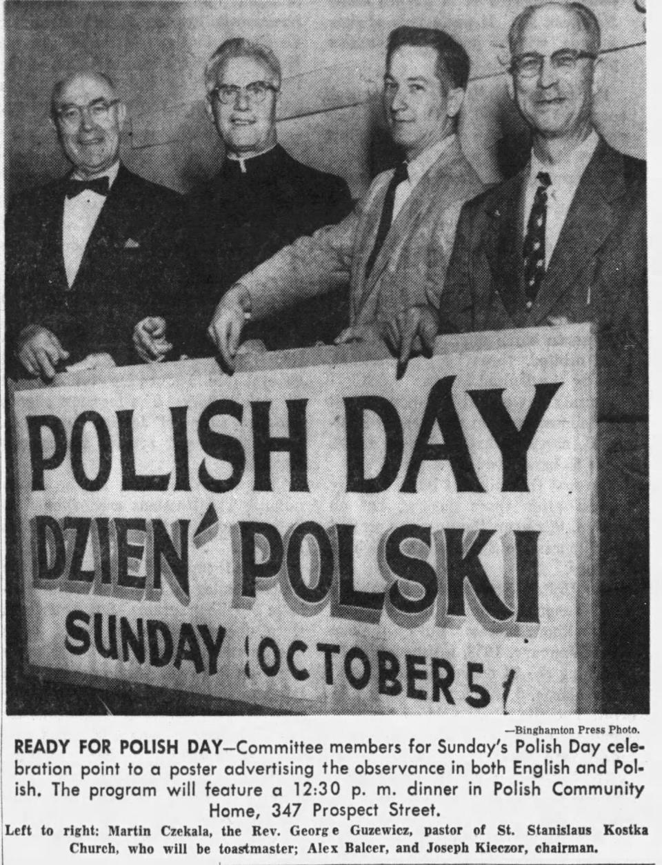 The 1958 Polish Day celebration held at the Polish Community Center with Martin Czekala, Rev. George Guzewicz, Alex Balcer and Joseph Kieczor.