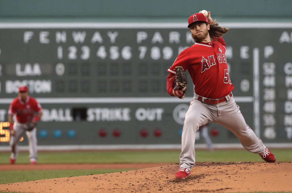 Los Angeles Angels starting pitcher Dillon Peters delivers to a Boston Red Sox batter during the first inning of a baseball game at Fenway Park, Thursday, Aug. 8, 2019, in Boston. (AP Photo/Elise Amendola)