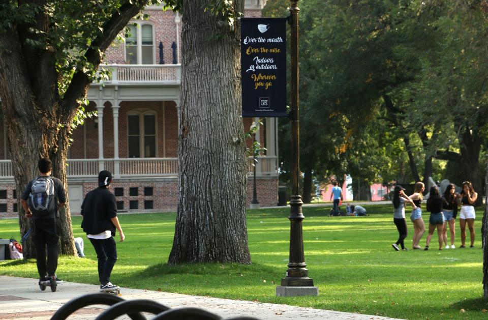 Students are seen in the Quad on the campus of the University of Nevada, Reno on Oct. 9, 2020.