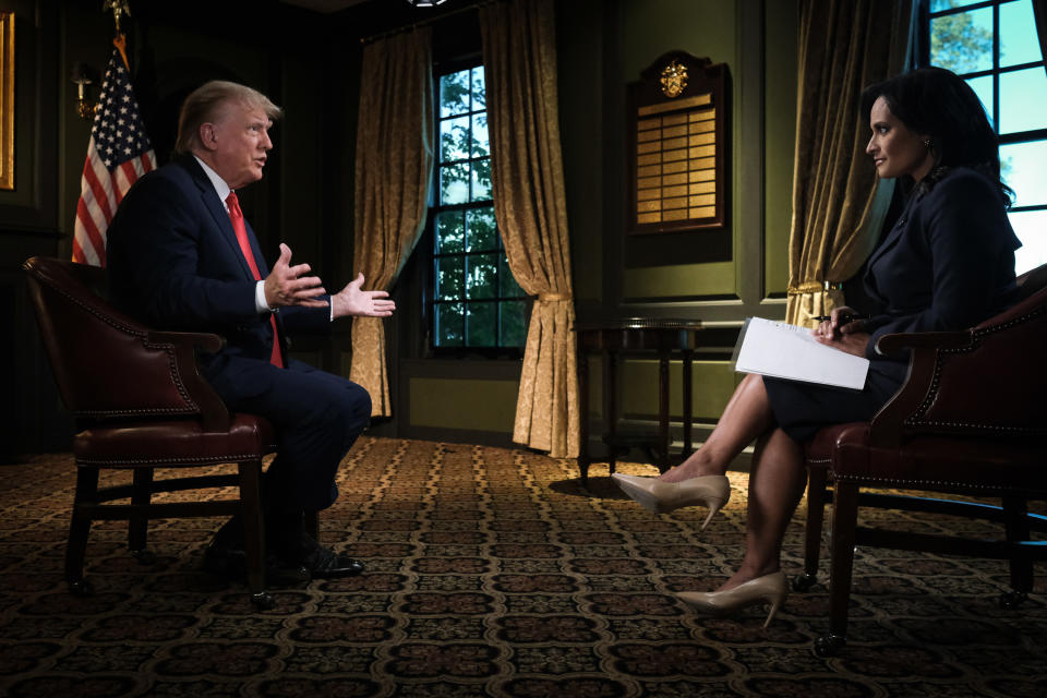 Former President Donald Trump is interviewed by Kristen Welker at the Trump National Golf Club in Bedminster, N.J., on Sept. 14. (William B. Plowman/NBC via Getty Images)