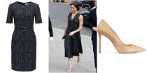 <p>The then bride-to-be wore a Hugo Boss dress (similar version <a rel="nofollow noopener" href="https://www.hugoboss.com/uk/belted-shift-dress-in-a-patterned-structured-stretch-fabric/hbeu50384847_961.html?cgid=11300#wrapper" target="_blank" data-ylk="slk:here;elm:context_link;itc:0;sec:content-canvas" class="link ">here</a>) with nude pumps (similar version <a rel="nofollow noopener" href="https://www.net-a-porter.com/gb/en/product/1039416/Jimmy_Choo/romy-100-patent-leather-pumps" target="_blank" data-ylk="slk:here;elm:context_link;itc:0;sec:content-canvas" class="link ">here</a>) to the memorial service of Stephen Lawrence. </p>