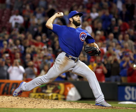 Apr 21, 2016; Cincinnati, OH, USA; Chicago Cubs starting pitcher Jake Arrieta throws the last pitch of a no-hitter during the bottom of the ninth inning against the Cincinnati Reds at Great American Ball Park. The Cubs won 16-0. David Kohl-USA TODAY Sports