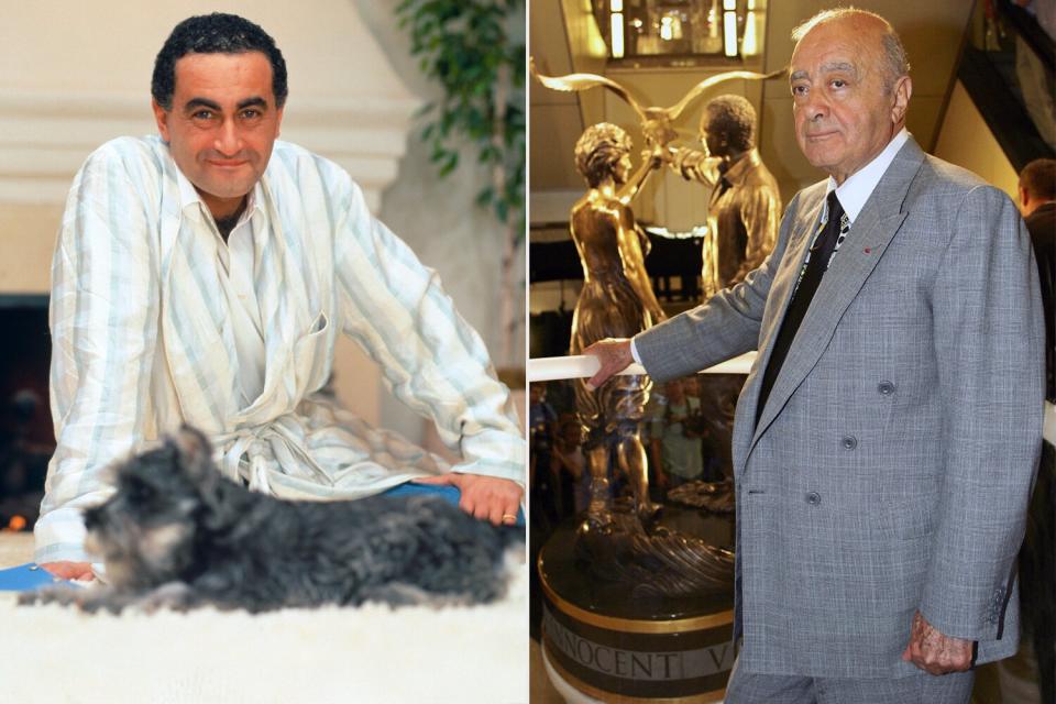 Dodi al Fayed with His Dog (Photo by © Aaron Rapoport/CORBIS OUTLINE/Corbis via Getty Images); London, UNITED KINGDOM: Mohammed Al Fayed poses for photographers in Harrods department store in London 01 September 2005, as he unveils a statue of his son Dodi and Diana, Princess of Wales commemorating their lives. The statue "Innocent Victims" is a portrayal of the late Diana, Princess of Wales, dancing with her lover Dodi Al Fayed beneath the wings of an albatross. AFP PHOTO/ALESSANDRO ABBONIZO (Photo credit should read Alessandro Abbonizio/AFP via Getty Images)