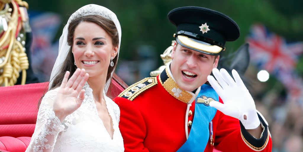 london, united kingdom april 29 embargoed for publication in uk newspapers until 24 hours after create date and time catherine, duchess of cambridge and prince william, duke of cambridge wearing his red tunic uniform of the irish guards, of which he is colonel travel down the mall, on route to buckingham palace, in the 1902 state landau horse drawn carriage following their wedding ceremony at westminster abbey on april 29, 2011 in london, england the marriage of prince william, the second in line to the british throne to catherine middleton was led by the archbishop of canterbury and was attended by 1900 guests, including foreign royal family members and heads of state thousands of well wishers from around the world have also flocked to london to witness the spectacle and pageantry of the royal wedding photo by max mumbyindigogetty images