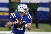 Indianapolis Colts quarterback Philip Rivers (17) looks to throw during the first half of an NFL football game against the Green Bay Packers, Sunday, Nov. 22, 2020, in Indianapolis. (AP Photo/Michael Conroy)