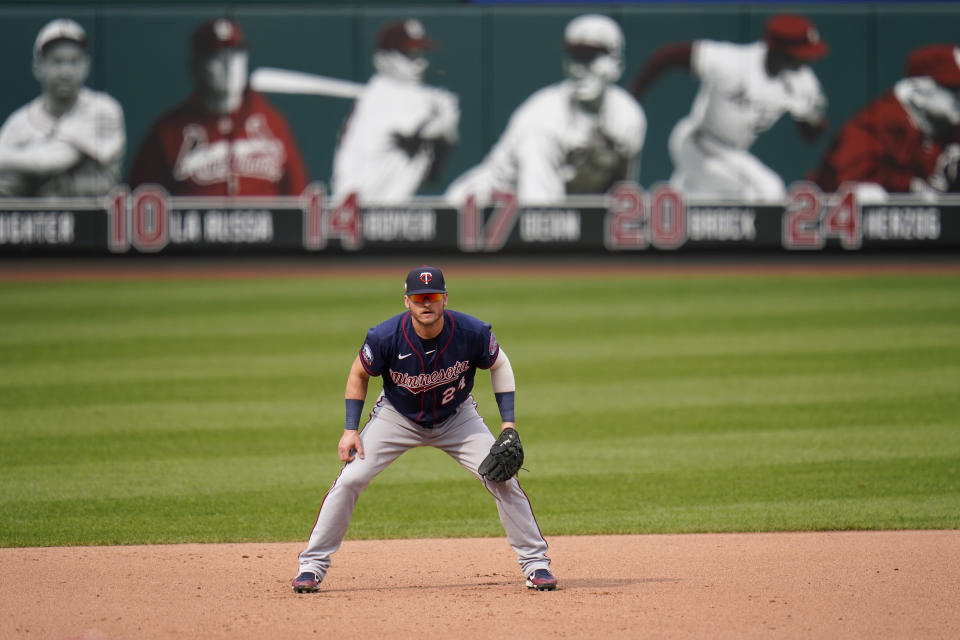 FILE - Minnesota Twins third baseman Josh Donaldson takes up his position during the fourth inning in the first game of a baseball doubleheader against the St. Louis Cardinals in St. Louis, in this Tuesday, Sept. 8, 2020, file photo. When Josh Donaldson was on the field in his first season with Minnesota, he produced and contributed the way the Twins planned. The problems were the pandemic-shortened schedule and the nagging calf injury that limited Donaldson to 28 games in 2020. He and the team are banking on a healthier year. (AP Photo/Jeff Roberson, File)