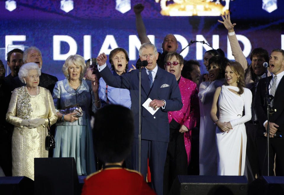 Prince Charles and entertainers including Paul McCartney and Elton John celebrate Queen Elizabeth during the Diamond Jubilee concert (David Moir / Reuters)