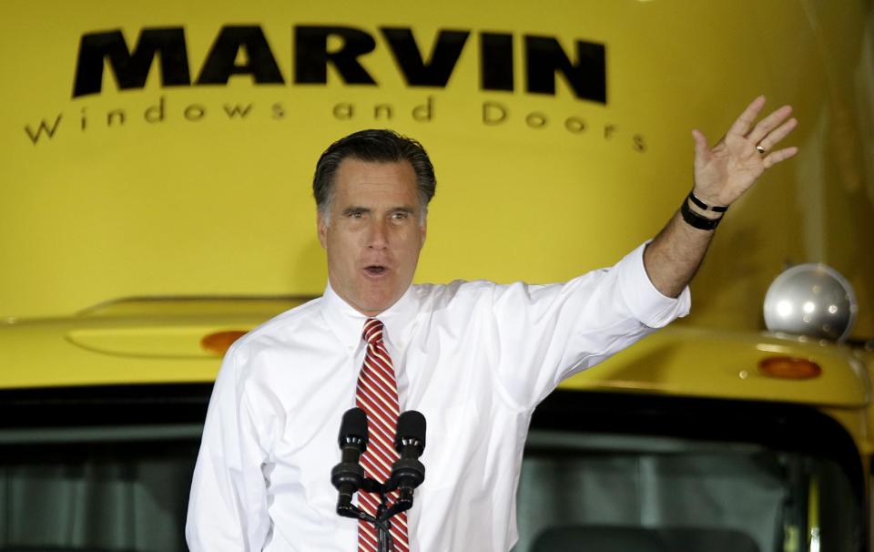 Republican presidential candidate, former Massachusetts Gov. Mitt Romney gestures as he speaks at a campaign event at Integrity Windows in Roanoke, Va., Thursday, Nov. 1, 2012. (AP Photo/David Goldman)