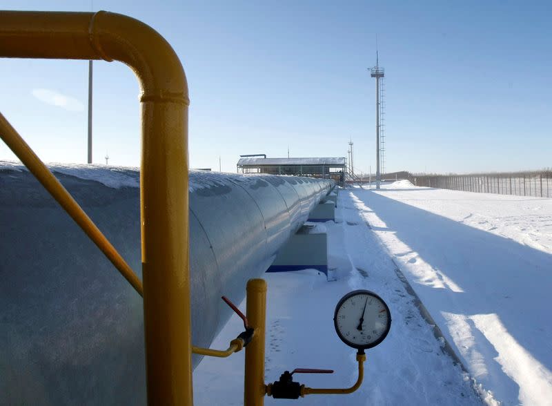 FILE PHOTO: Gas pipe with gauge is seen at Russian gas export monopoly Gazprom's Sudzha pumping station