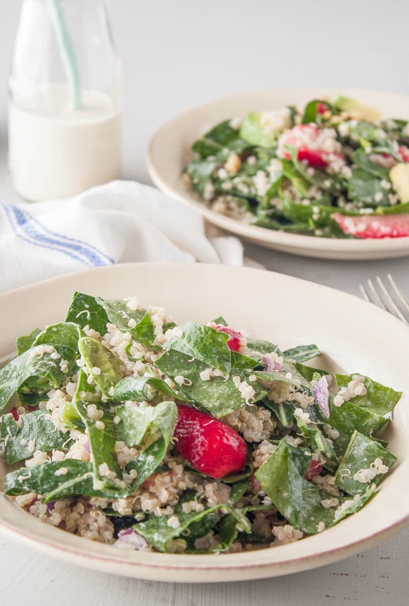 Collard Green Salad with Strawberries & Tahini Dressing