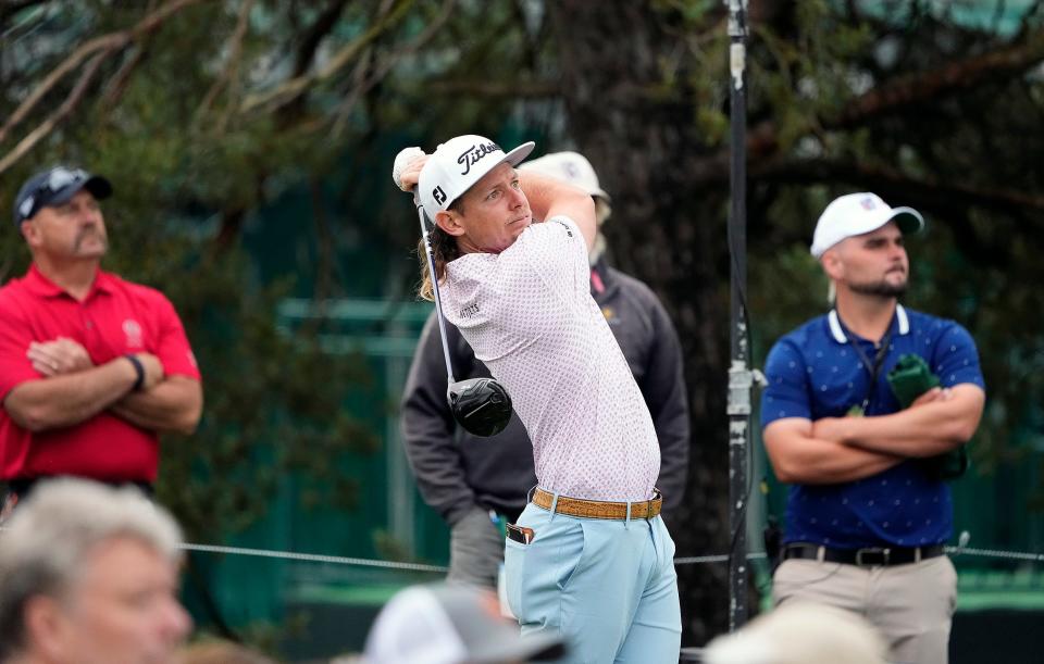 Jun 2, 2022; Dublin, Ohio, USA; Cameron Smith watches tee shot on the 11th hole during Round 1 of the Memorial Tournament at Muirfield Village Golf Club in Dublin, Ohio on June 2, 2022. 