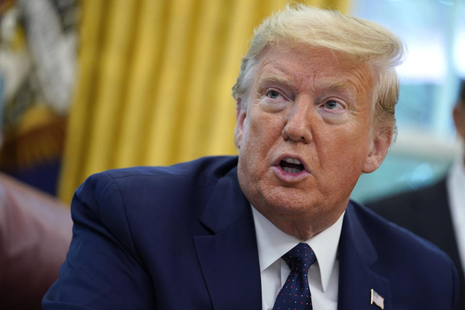 President Donald Trump speaks as he receives a briefing on the 2020 hurricane season in the Oval Office of the White House, Thursday, May 28, 2020, in Washington. (AP Photo/Evan Vucci)