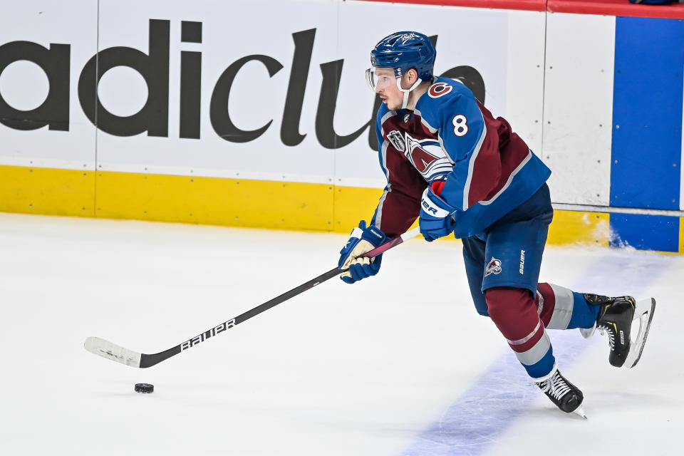DENVER, CO - JUNE 24: Colorado Avalanche defenseman Cale Makar (8) skates during the NHL Stanley Cup Finals game 5 between the Tampa Bay Lightning and the Colorado Avalanche at Ball Arena in Denver, Colorado on June 24, 2022. (Photo by Dustin Bradford/Icon Sportswire via Getty Images)