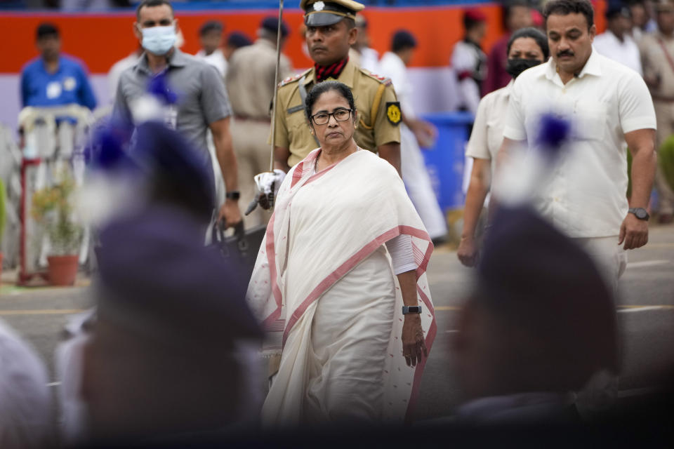 West Bengal Chief Minister Mamata Banerjee, inspects a guard of honor during Independence Day parade in Kolkata, India, Monday, Aug. 15, 2022. The country is marking the 75th anniversary of its independence from British rule. (AP Photo/Bikas Das)