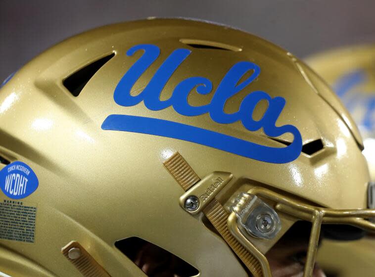 TUCSON, AZ - NOVEMBER 04: UCLA Bruins football helmet logo during a football game.