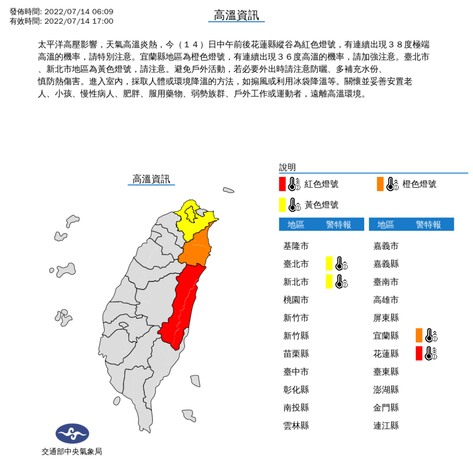 氣象局針對全台4縣市釋出高溫資訊，提醒大家應盡量避免戶外活動，若必要外出時請注意防曬、多補充水份、慎防熱傷害。（中央氣象局提供）