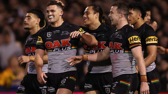 Nathan Cleary is congratulated by Penrith teammates during their qualifying final win over Parramatta.