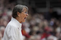 Stanford head coach Tara VanDerveer reacts during the first half of an NCAA college basketball game against Oregon State, Sunday, Jan. 21, 2024, in Stanford, Calif. (AP Photo/Godofredo A. Vásquez)