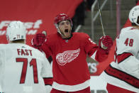 Detroit Red Wings right wing Bobby Ryan celebrates his goal against the Carolina Hurricanes in the second period of an NHL hockey game Saturday, Jan. 16, 2021, in Detroit. (AP Photo/Paul Sancya)