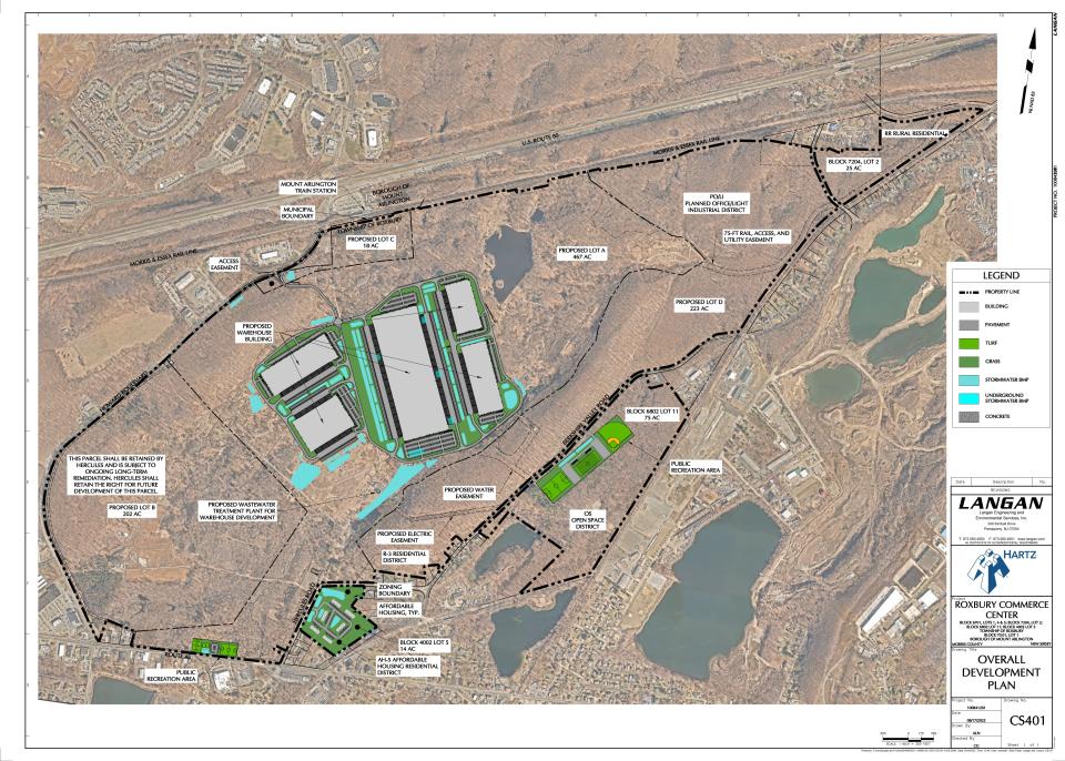 Overhead early rendering of development proposed for the former Hercules property in Roxbury, including more then 2.5 million square feet of warehouse space on the 820-acre tract.