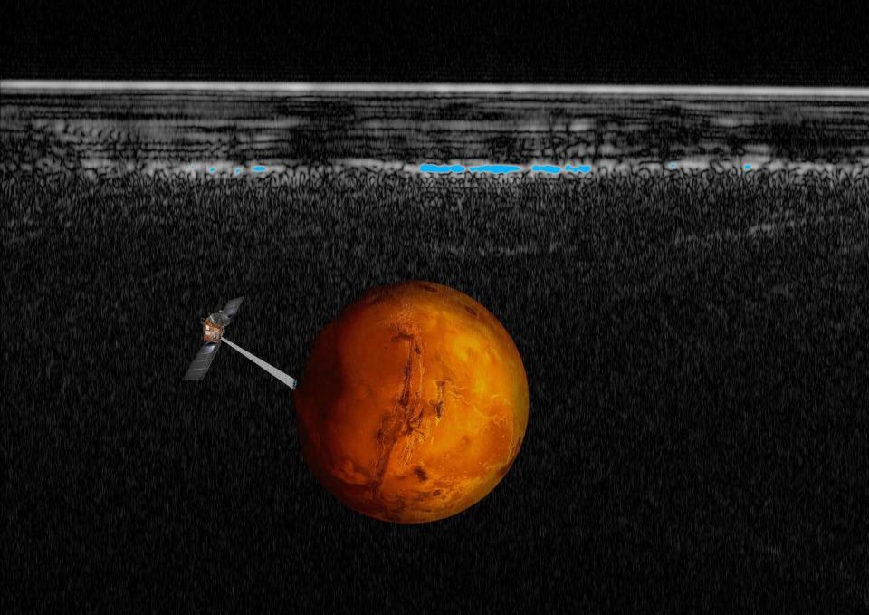 An artist's depiction of Mars Express in orbit with the spacecraft's radar data on the left. The blue patch represents the team's evidence for subsurface liquid water. <cite>ESA, INAF. Graphic rendering by Davide Coero Borga, Media INAF</cite>