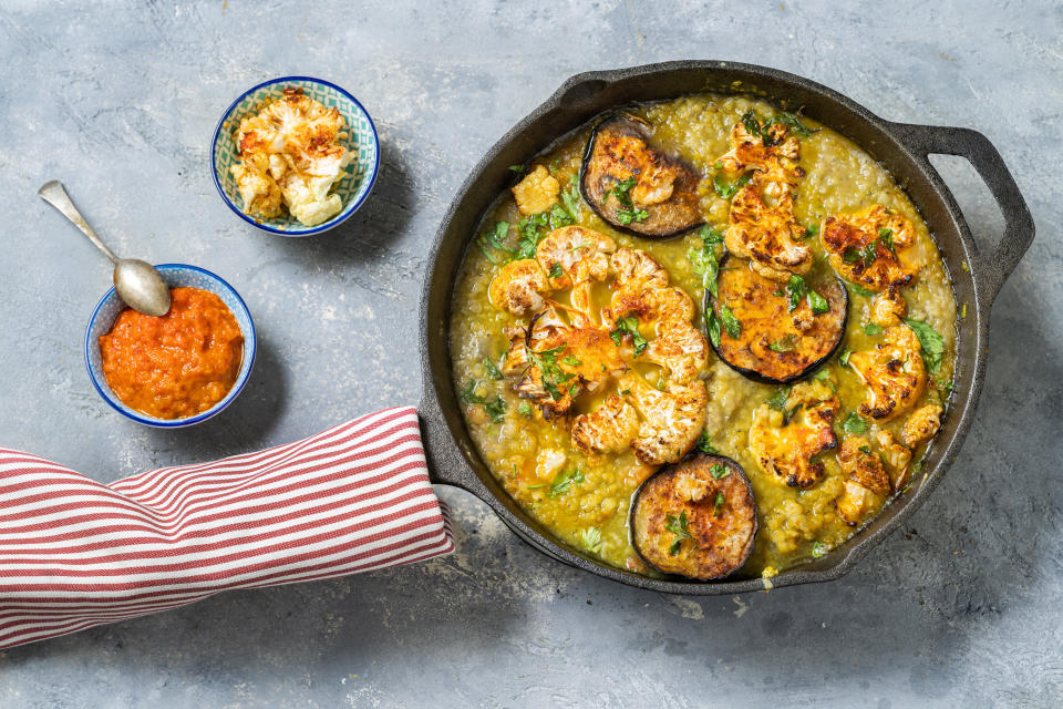 Lentils with roasted   cauliflower aubergines