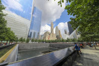 <p>A view of Lower Manhattan from one of two reflecting pools at the National September 11 Memorial & Museum, where the original One World Trade Center once stood, on Aug. 18, 2018. (Photo: Gordon Donovan/Yahoo News) </p>