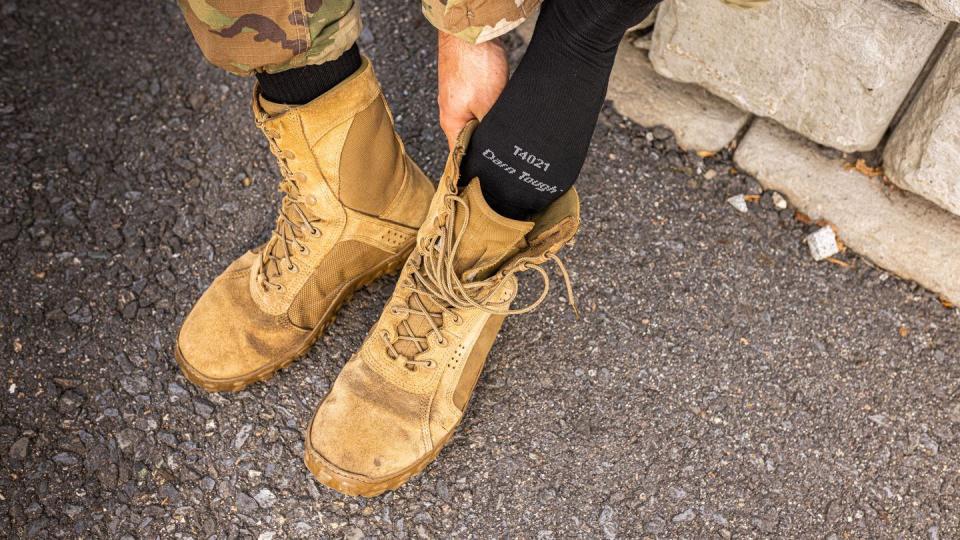 Darn Tough’s 11-inch tall Boot Midweight Tactical Sock with Full Cushion is tall enough to wear with a military combat boot, a tactical boot, or a dress boot, and versatile enough to keep you comfortable in moderate to cool climates. (Courtesy Darn Tough)