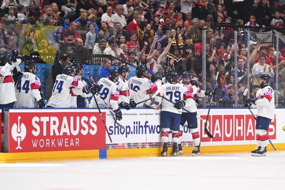 Great Britain Ice Hockey team celebrating their only win at the World Championship