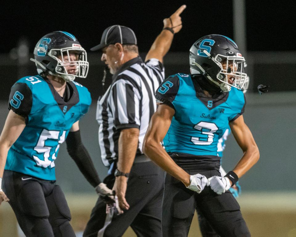 Sultana’s LaMason Waller celebrates after recovering an Apple Valley fumble during the first half Thursday, Oct. 6, 2022.