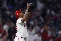 Los Angeles Angels relief pitcher Raisel Iglesias reacts on the mound after New York Yankees' DJ LeMahieu grounded out to third during the ninth inning of a baseball game in Anaheim, Calif., Tuesday, Aug. 31, 2021. (AP Photo/Alex Gallardo)