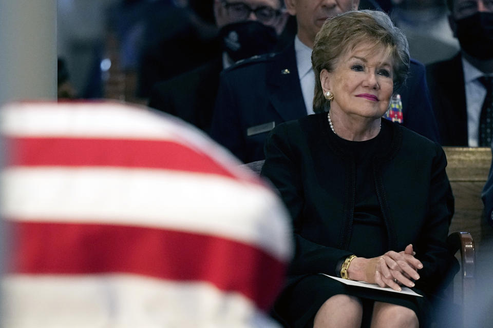 Former Sen. Elizabeth Dole listens during a memorial service for her husband, former Sen. Bob Dole, R-Kan., Saturday, Dec. 11, 2021, in Russell, Kan. (AP Photo/Charlie Riedel)