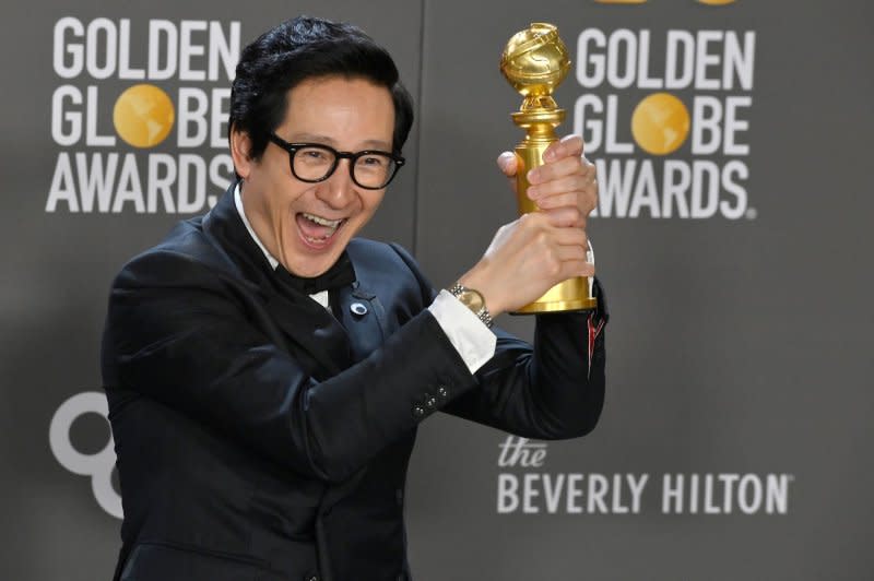 Ke Huy Quan appears backstage after winning the award for Best Supporting Actor in a Motion Picture for "Everything Everywhere All at Once" during the 80th annual Golden Globe Awards at the Beverly Hilton in Beverly Hills, Calif., in 2023. File Photo by Jim Ruymen/UPI