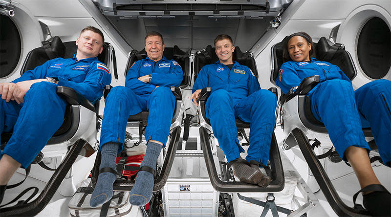 The Crew 8 astronauts during training in a Crew Dragon simulator (left to right): Russian cosmonaut Alexander Grebenkin, co-pilot Michael Barratt, commander Matthew Dominick and Jeanette Epps. Barratt is making his third trip to space while his crewmates are making their first. / Credit: NASA