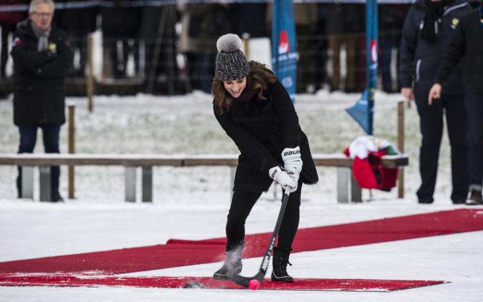 Catherine, Duchess of Cambridge practices penalty shots with the Stockholm bandy team Hammarby IF at Vasaparken on January 30, 2018 in Stockholm, Sweden.