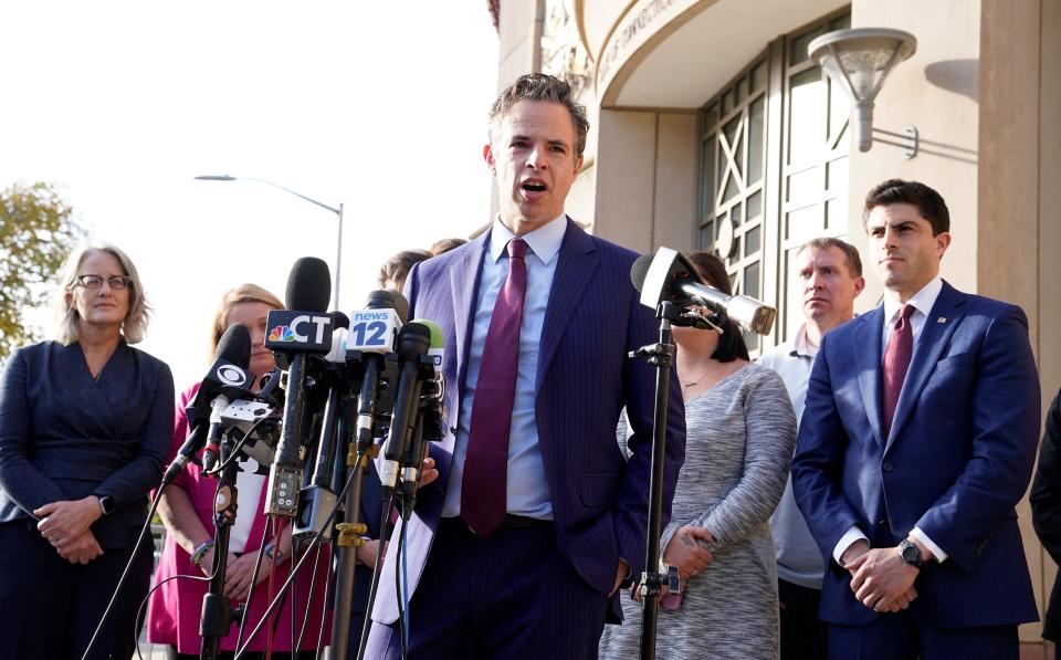 Attorney Josh Koskoff, shown speaking after winning a defamation suit against Alex Jones, is among the lawyers representing Uvalde school shooting victims' families.