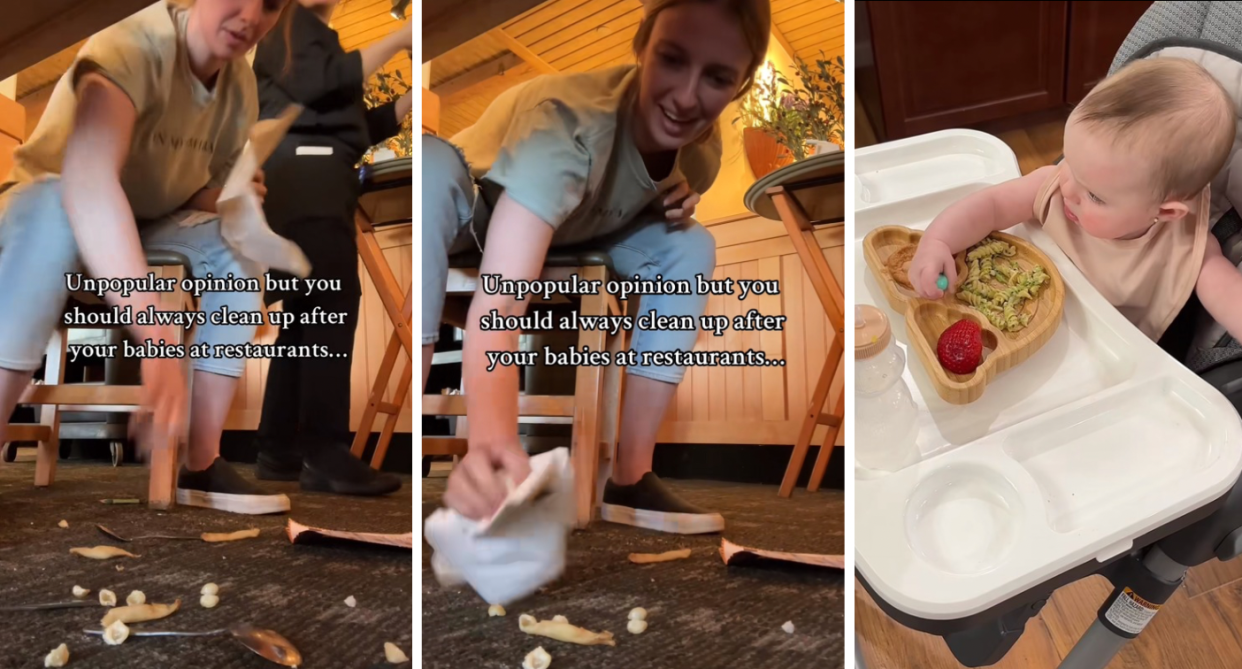 The mum's video of cleaning food off the floor after dining with her bub divided opinion. Photo: TikTok/@courtneywitucki