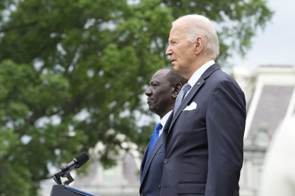 President Joe Biden, right, and Kenya's President William Ruto, attend an Arrival Ceremony as part of Kenya's state visit, Thursday, May 23, 2024, on the South Lawn of the White House in Washington. (AP Photo/Jacquelyn Martin)